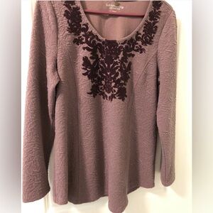 Soft Surroundings Purple Textured Top with Floral Velveteen Accents